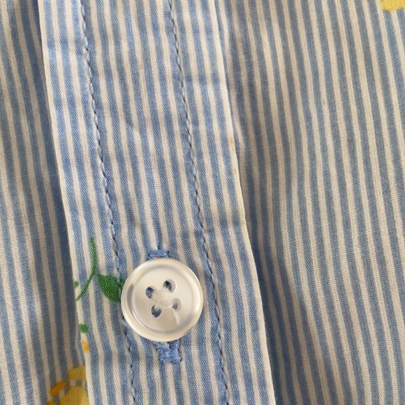 Karen Scott blue white pink striped yellow rose floral printed button front top - Picture 9 of 17